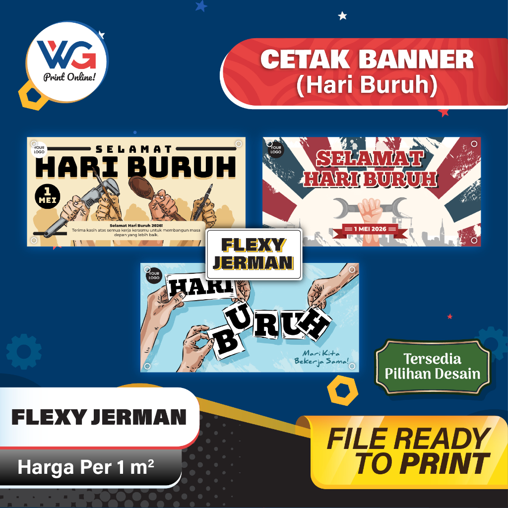 Cetak Banner Hari Buruh Spanduk May Day Custom Ukuran Bahan Flexi Jerman Harga Per 1 m2
