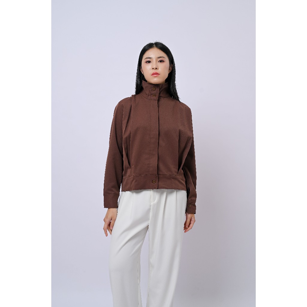 high neck jacket | dark brown jacket | outter wanita | jacket wanita