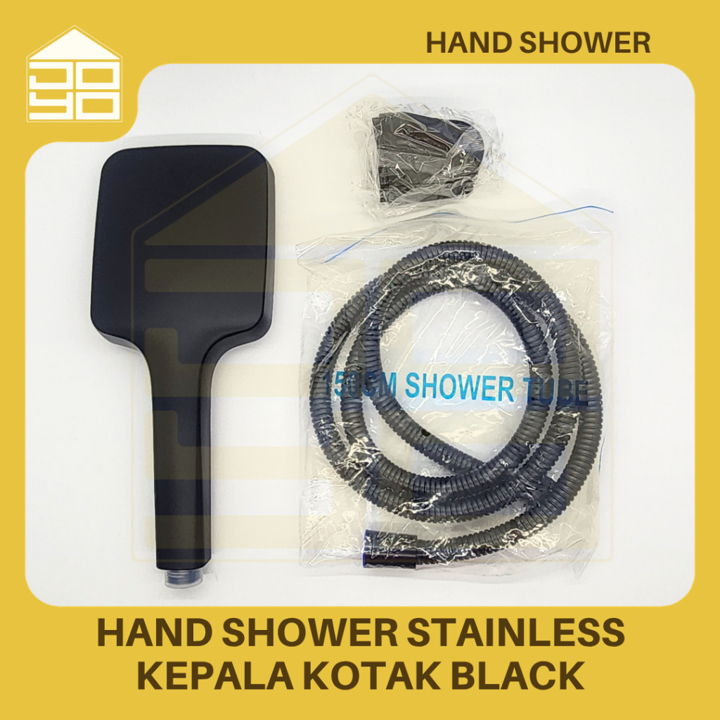 Hand Shower Kamar Mandi Kepala Kotak Bahan Stainless Warna Hitam - Selang 150cm, Tekanan Tinggi, Tah