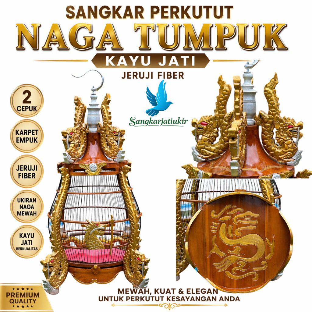 Sangkar Perkutut Naga Tumpuk Kayu Jati Asli Ukiran Jepara Jeruji Fiber + 2 Cepuk & Karpet Premium