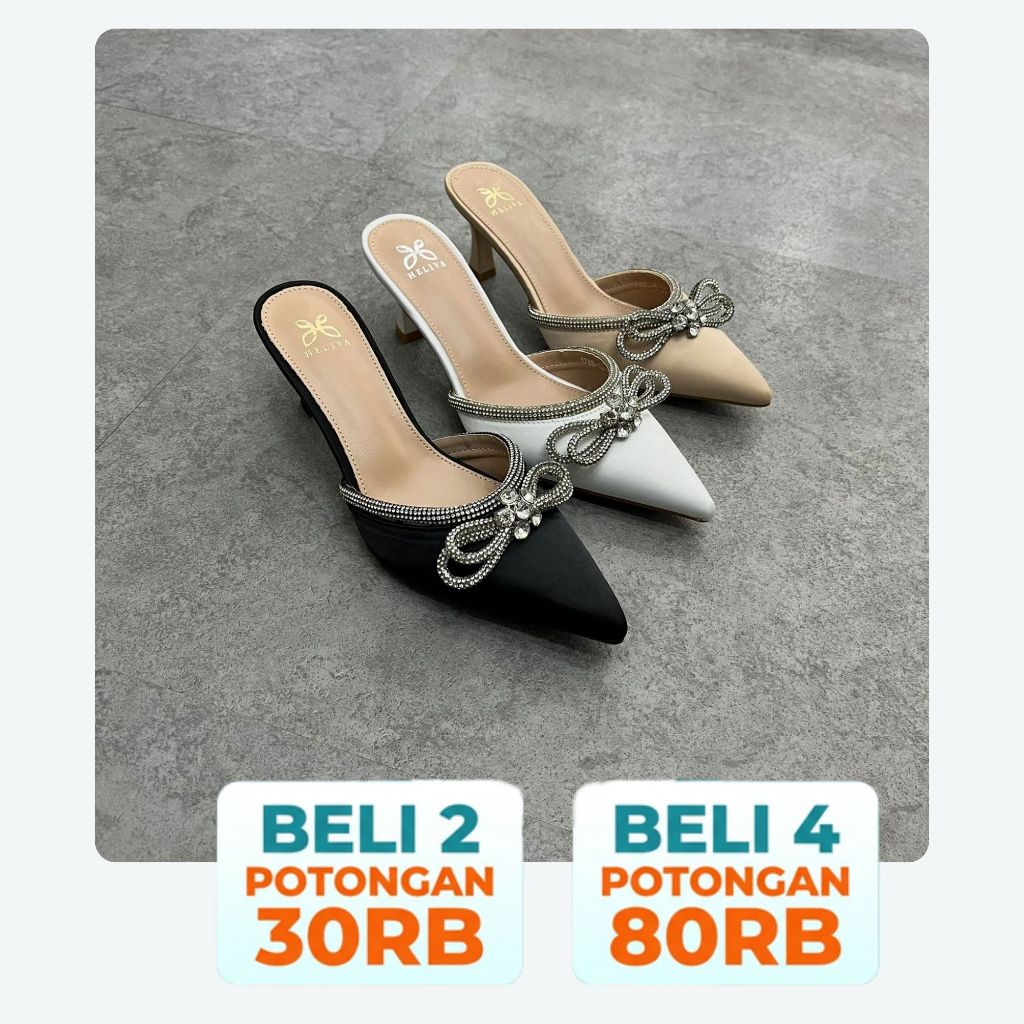 PROMO SEPATU Heels Pesta Wanita Sol 6.5cm High Heels Mule Pointed Toe Aksen Pita Kristal Elegan Mewa
