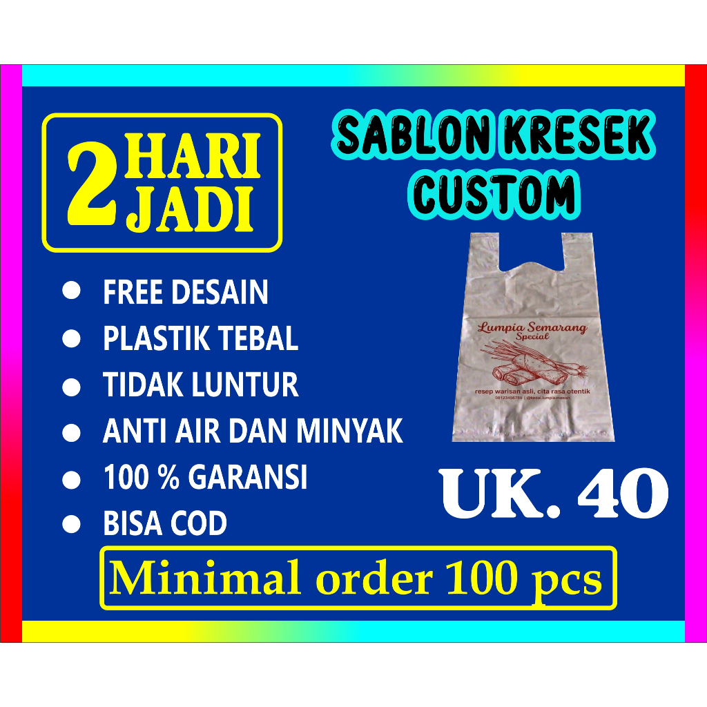 SABLON KANTONG PLASTIK KRESEK UKURAN 40 X 65 , CUSTOM SABLON KRESEK TEBAL 0.02 MICRON
