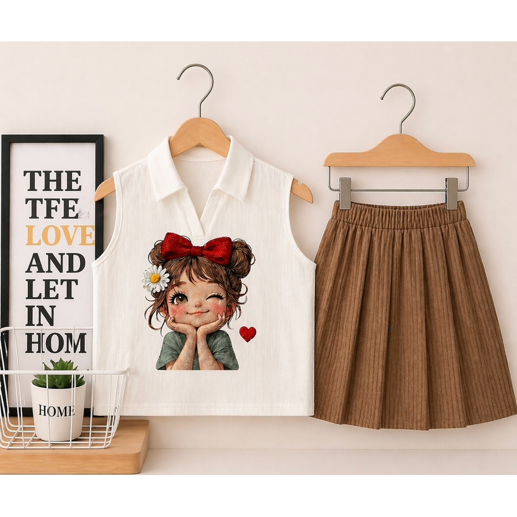Baju Anak Cewek Set Atasan Tanpa Lengan + Rok Plisket Korea Style Anak