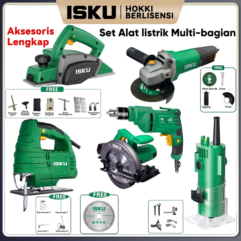 ISKU Paket Komplit Power Tools Tukang Kayu Woodworking Set - Mesin Bor Listrik 700W Gerinda Tangan 5