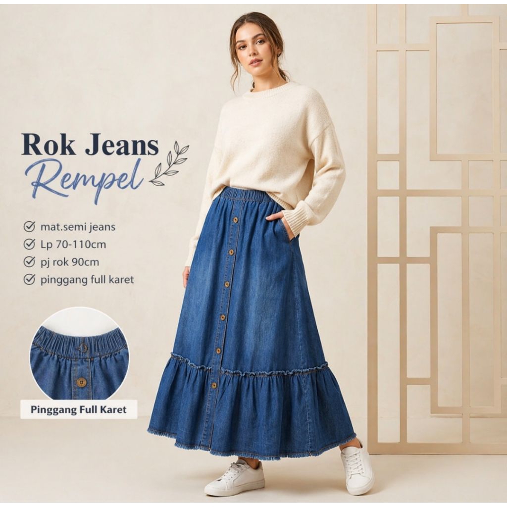 Rok Jeans Rempel Wanita Panjang 90cm Jeans Wash | Pinggang Full Karet All Size 70-110cm