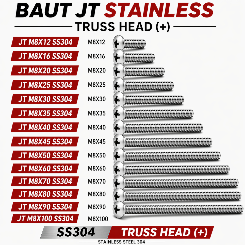 Baut JT M8X100 Machine Screw M8 X 100 Truss Head 8X100 Baut Obeng + Stainless SS304