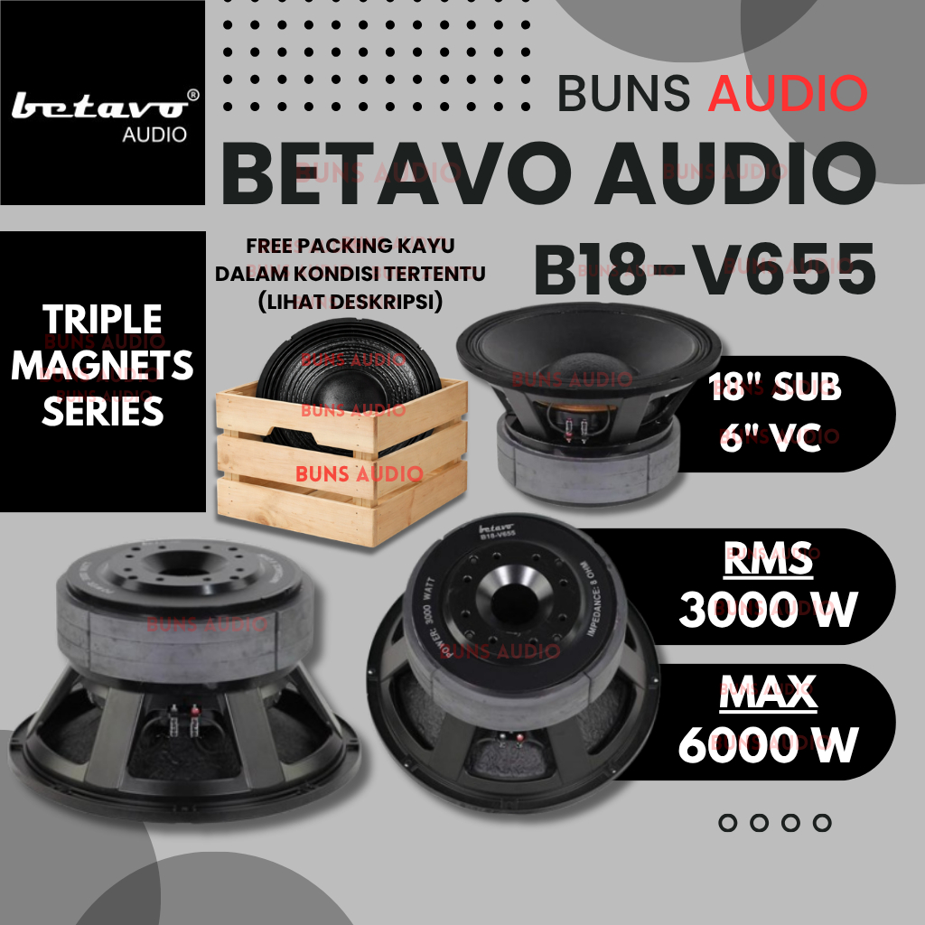 Betavo Audio B18-V655 18 Inch Triple Magnets Speaker + 6 Inch Voice Coil -- 6000 Watts Max Power