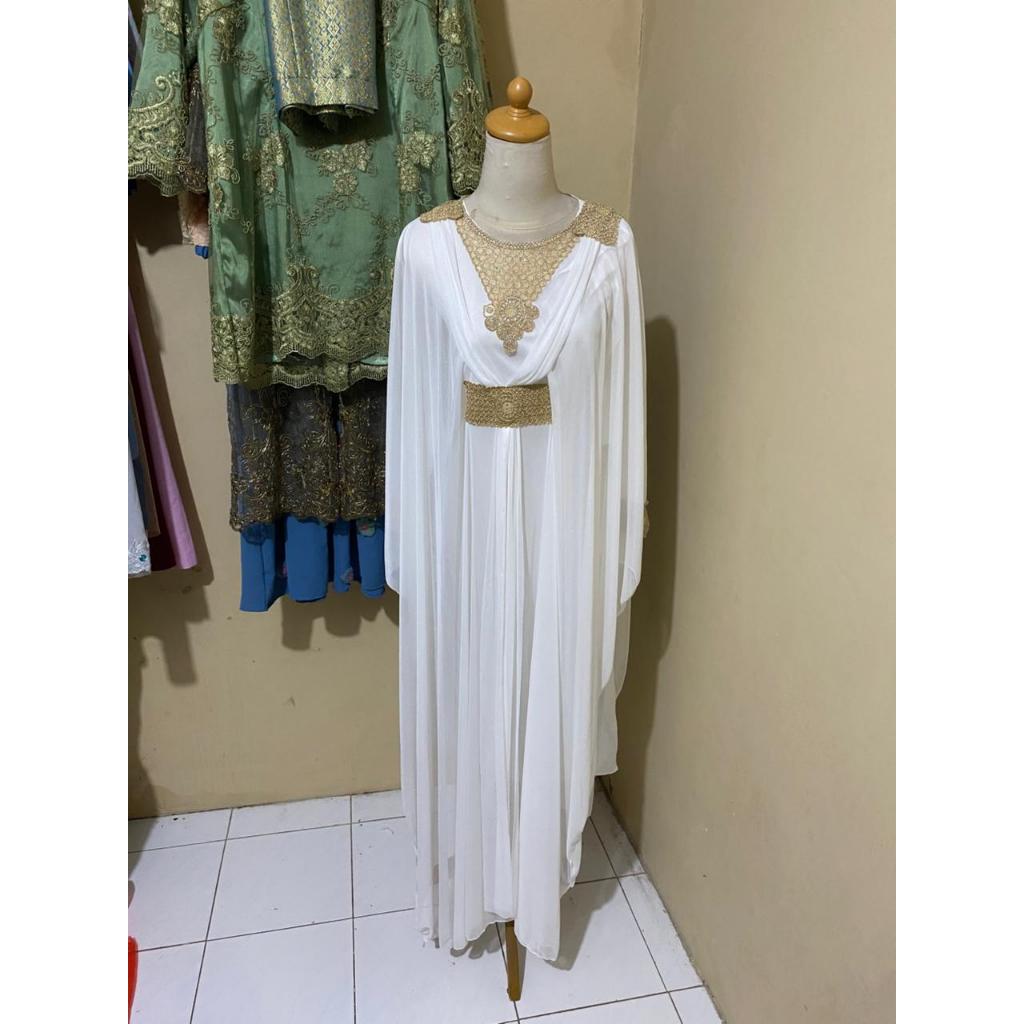 Gamis Putih Elegan Preloved Wanita | Dress Pesta Muslimah Brokat Gold