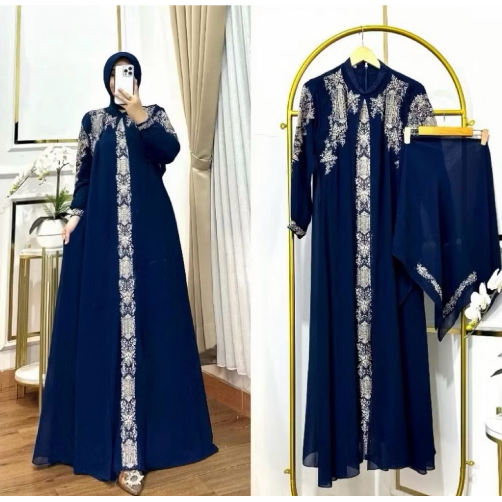 Gamis set hijab ld 100-140 ceruty baby doll motif pintu aceh