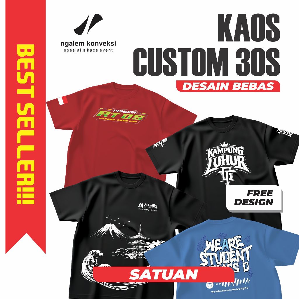 Sablon Custom Kaos Satuan, Lusinan, Bahan Katun, Bikin Kaos Custom T-Shirt Cotton Combed 30s Knitto