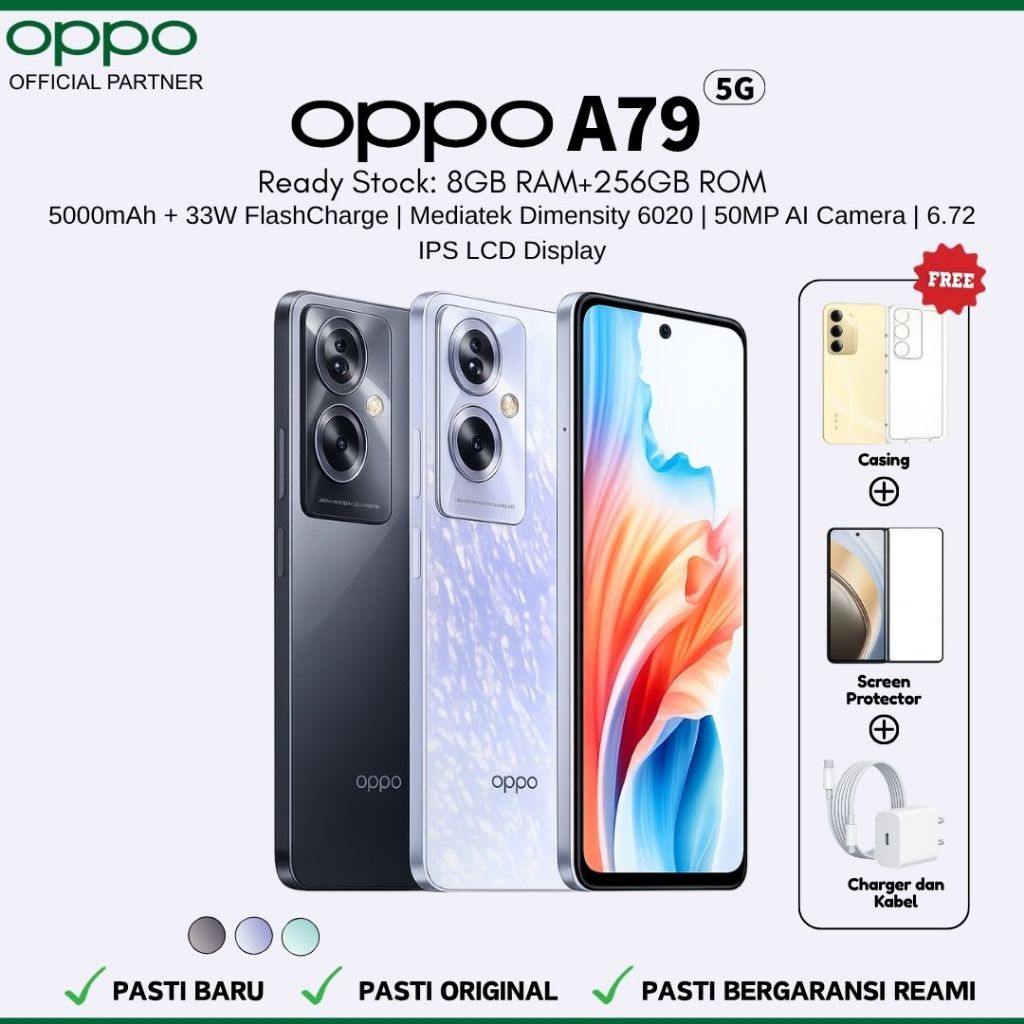 Oppo A79 5G | RAM 8GB + Memori 256GB | Baterai 5000mAh Super Besar | 33W SUPERVOOC Fast Charging | S