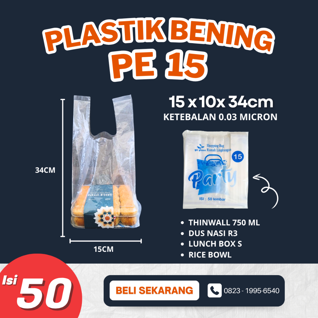 [1 PACK] Kresek Bening PE Uk 15 PARTY/ Kresek PARTY PE Bening Ukuran 15 Isi 50 pcs