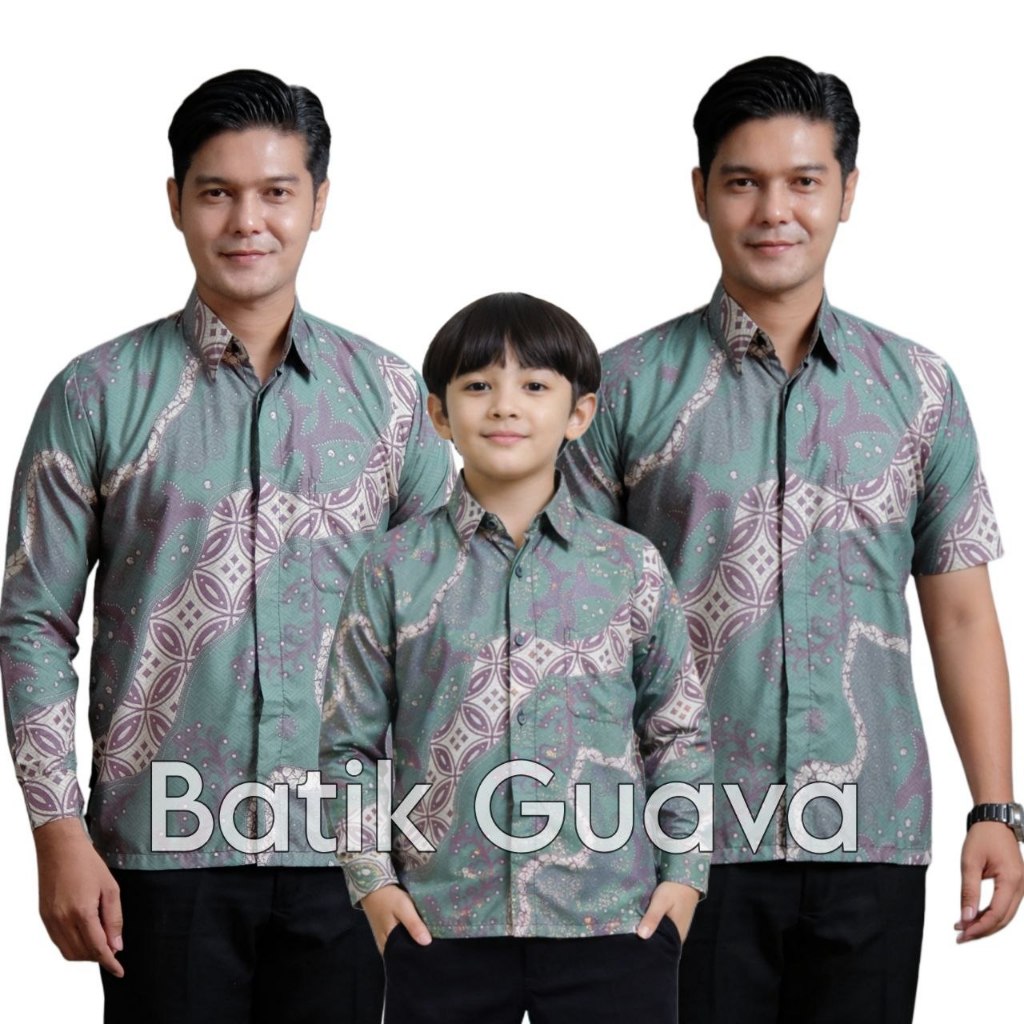 BATIK GUAVA - Batik Couple Ayah Anak - Warna Hijau wardah - batik pria lengan panjang / pendek