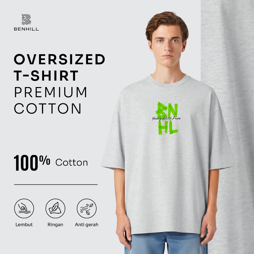 BENHILL  Oversized T-shirt Premium Cotton Kaos Pria Graphic Lengan Pendek Nyaman Light Grey A775