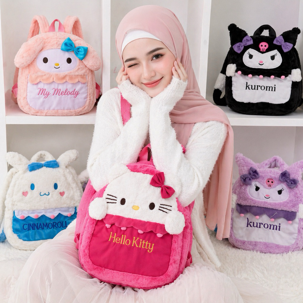 RIFS-Tas Ransel Premium Bulu Lembut Boneka Sanrio Kuromi Cinnamoroll My Melody Hello Kitty Gemoy Luc