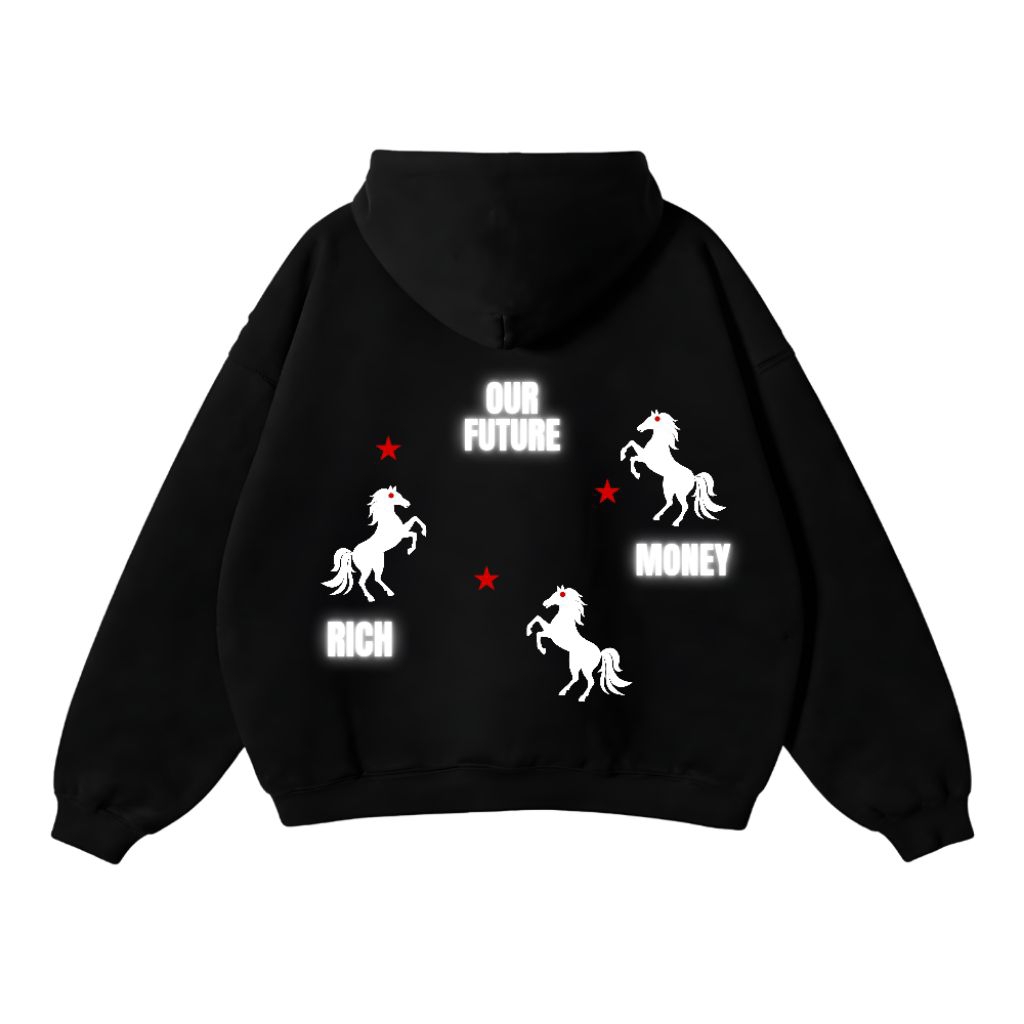 Luxurious - Hoodie Boxy Nyala Heavyweight Fleece Cotton Pria Wanita Hitam