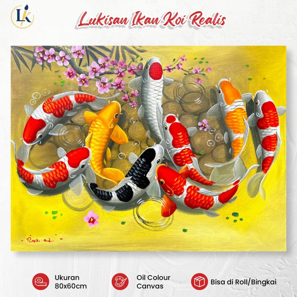 Lukisan Kanvas - Lukisan Ikan Koi 9 Ekor Ukuran 60x80cm Real Handmade Hiasan Dinding Dekorasi Ruanga
