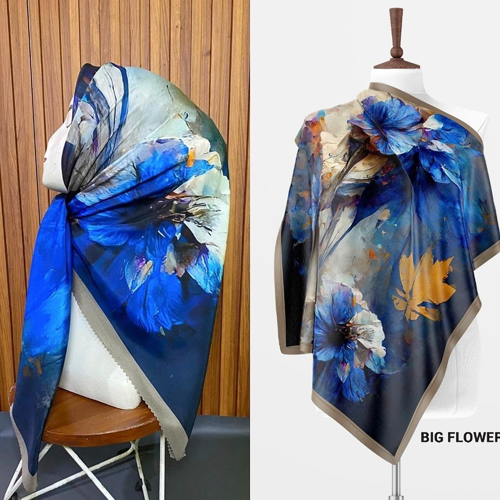 Hijab Sublime 460 Bunga Biru Putih Jilbab Segi Empat Motif Premium