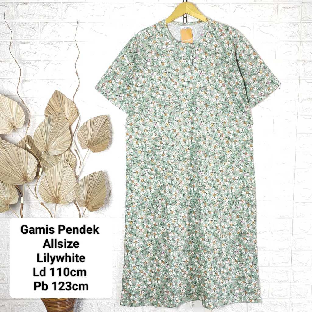Gamis Bahan Kaos Lengan Pendek Full Motif Bunga Eksklusif Lily White
