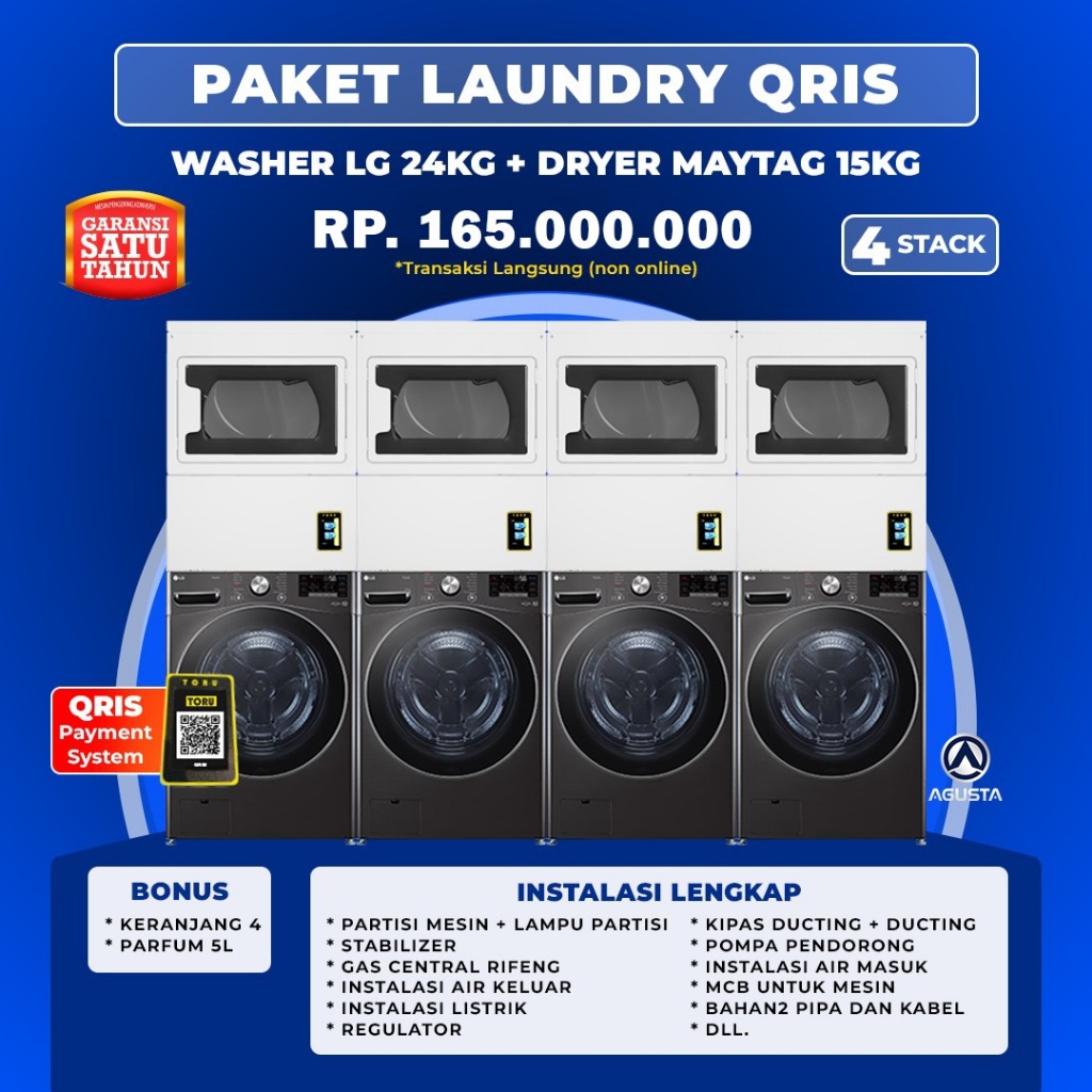 Mesin Laundry Qris 4 set Stack Mesin Cuci LG 24 kg & Mesin Pengering Maytag 15 kg Partisi