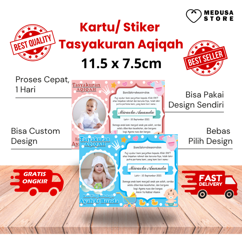 Stiker Aqiqah Custom Nama Bayi | Kartu Ucapan Tasyakuran Kelahiran | Label Selapanan 40 Hari Estetik