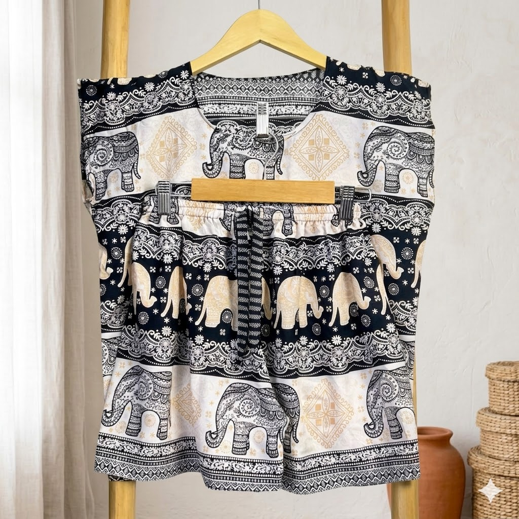SETELAN BAJU TIDUR PENDEK MOTIF GAJAH PUTIH BALI RAYON WANITA