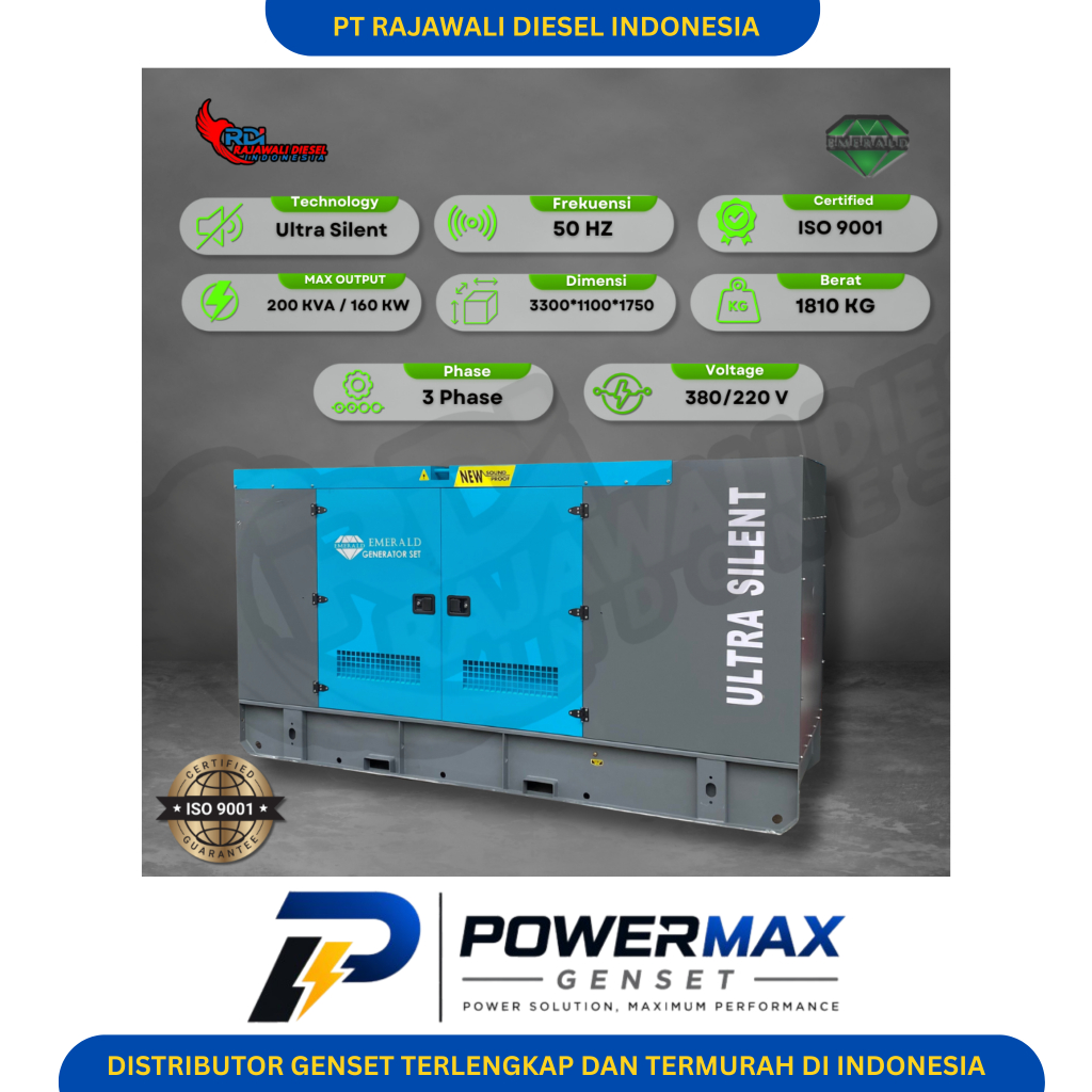 Genset Emerald 200 KVA Ultra Silent Type Bahan Bakar Diesel 3 Phase 380V Harga Bisa Di Negosiasikan