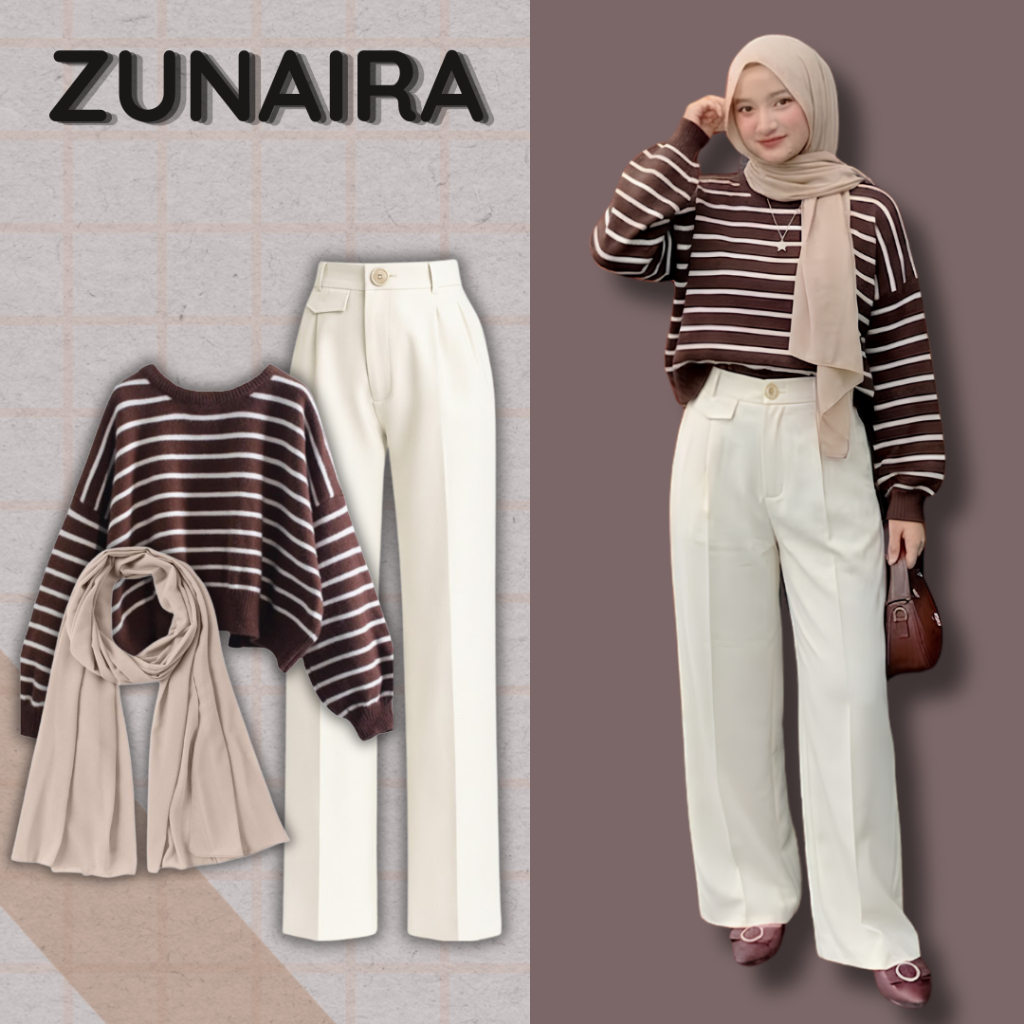 ONESET 3IN1 REMAJA KEKINIAN (PASMINA+SWEATER COKLAT+CELANA ORO) ZUNAIRA SM031