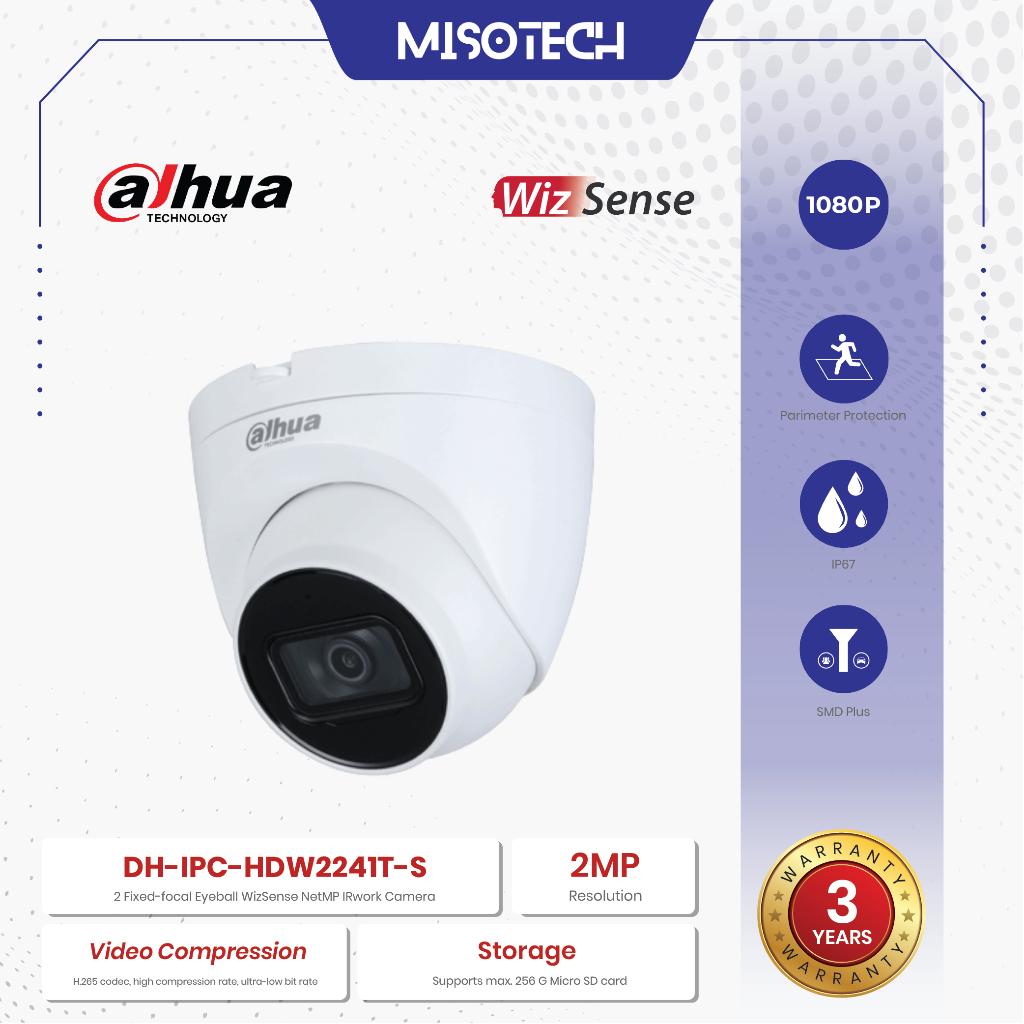 Dahua DH-IPC-HDW2241T-S 2MP IP Camera CCTV Indoor PoE Mic Audio WizSense Series