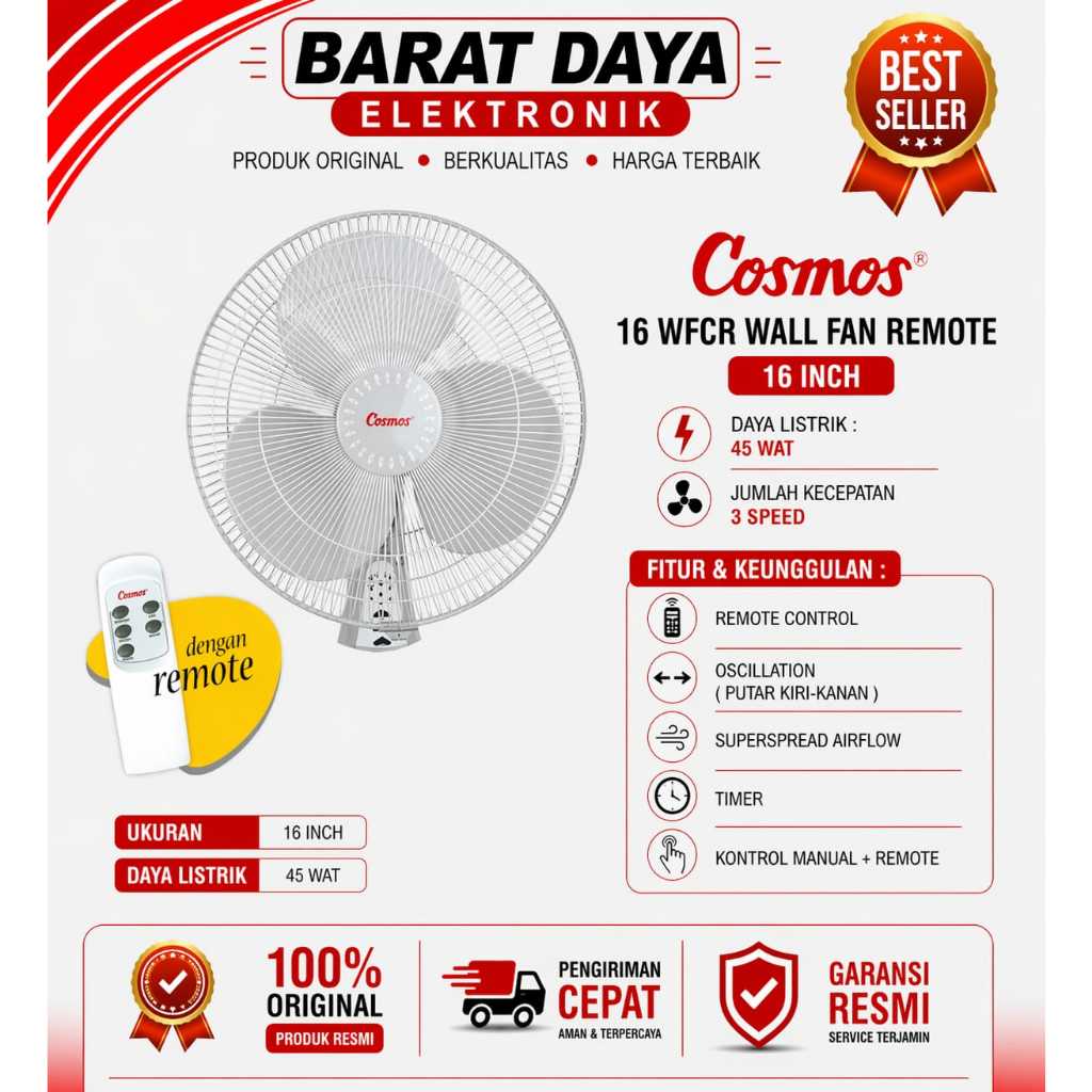 COSMOS Kipas Angin Dinding with Remote 16 WFCR Kipas Tembok Kipas Tempel + Remote