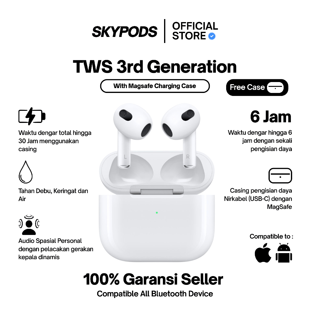 SkyPods GEN 3 Spatial Audio Dolby Atmos Pop Up Animation TWS Mini Earbuds Headphone