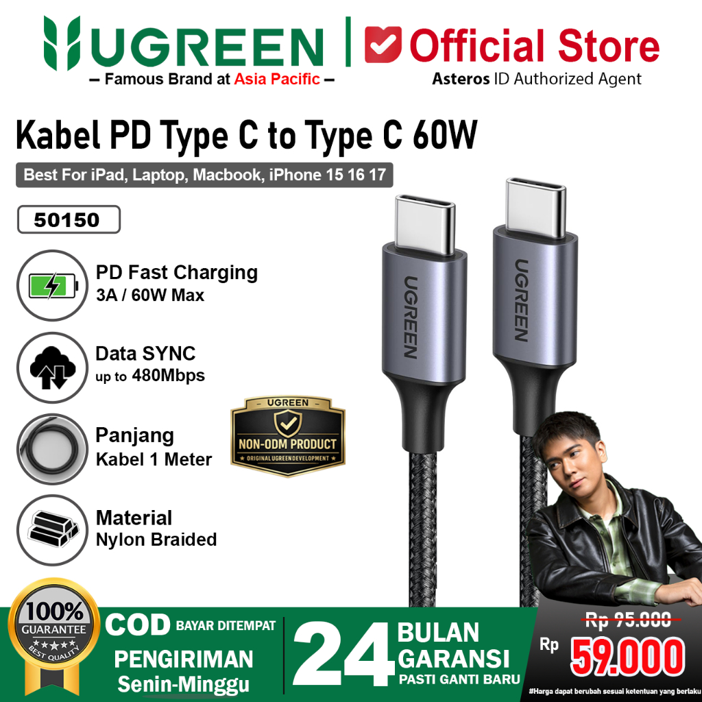 UGREEN Kabel PD Type C to Type C Nylon Braided Fast Charging Max 3A 60w