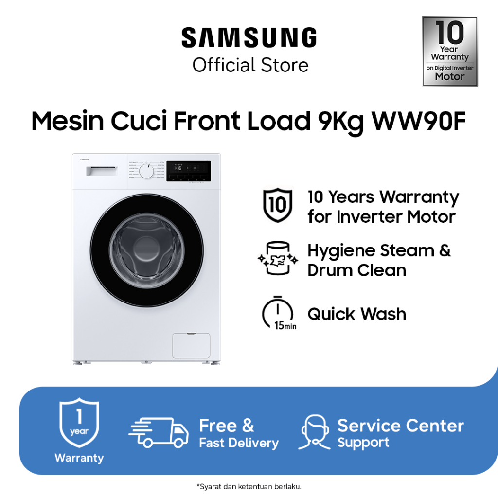 Samsung Mesin Cuci Front Load 9Kg | Hygiene Steam | Drum Clean | WW90FG3M05AWSE