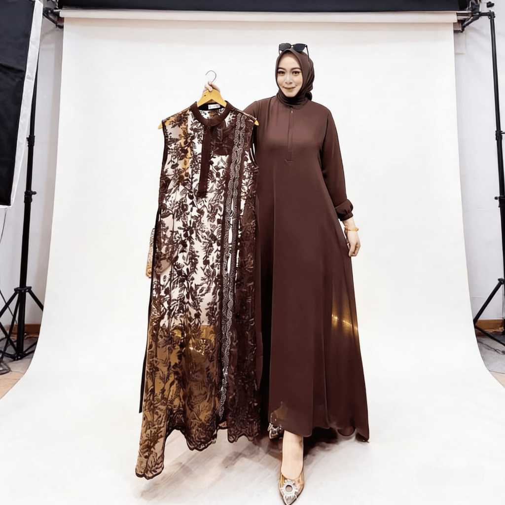 Azila Dress Gamis Kondangan Rompi Brukat Dress Kondangan Remaja Ceruty Babydoll Mix Brukat Plus Swar