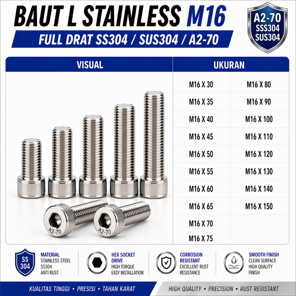 Baut L Stainless M16X70 / 16X70 / M16 X 70 / 16 X 70 Full Drat SS304 / SUS304 / A2-70