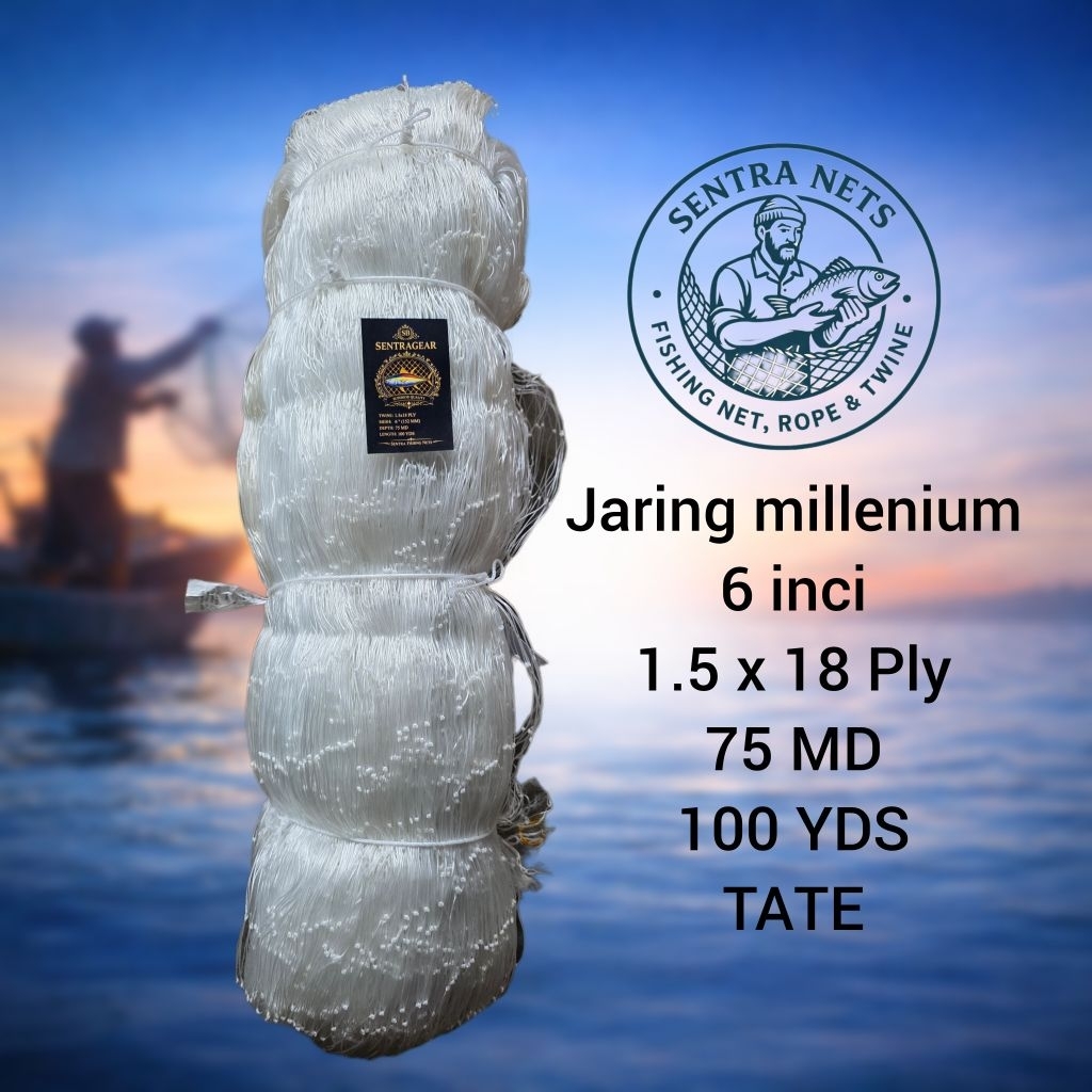Jaring millenium/jaring serabut/jaring ikan 6 inci 18ply 75md 100yds(Melintang)