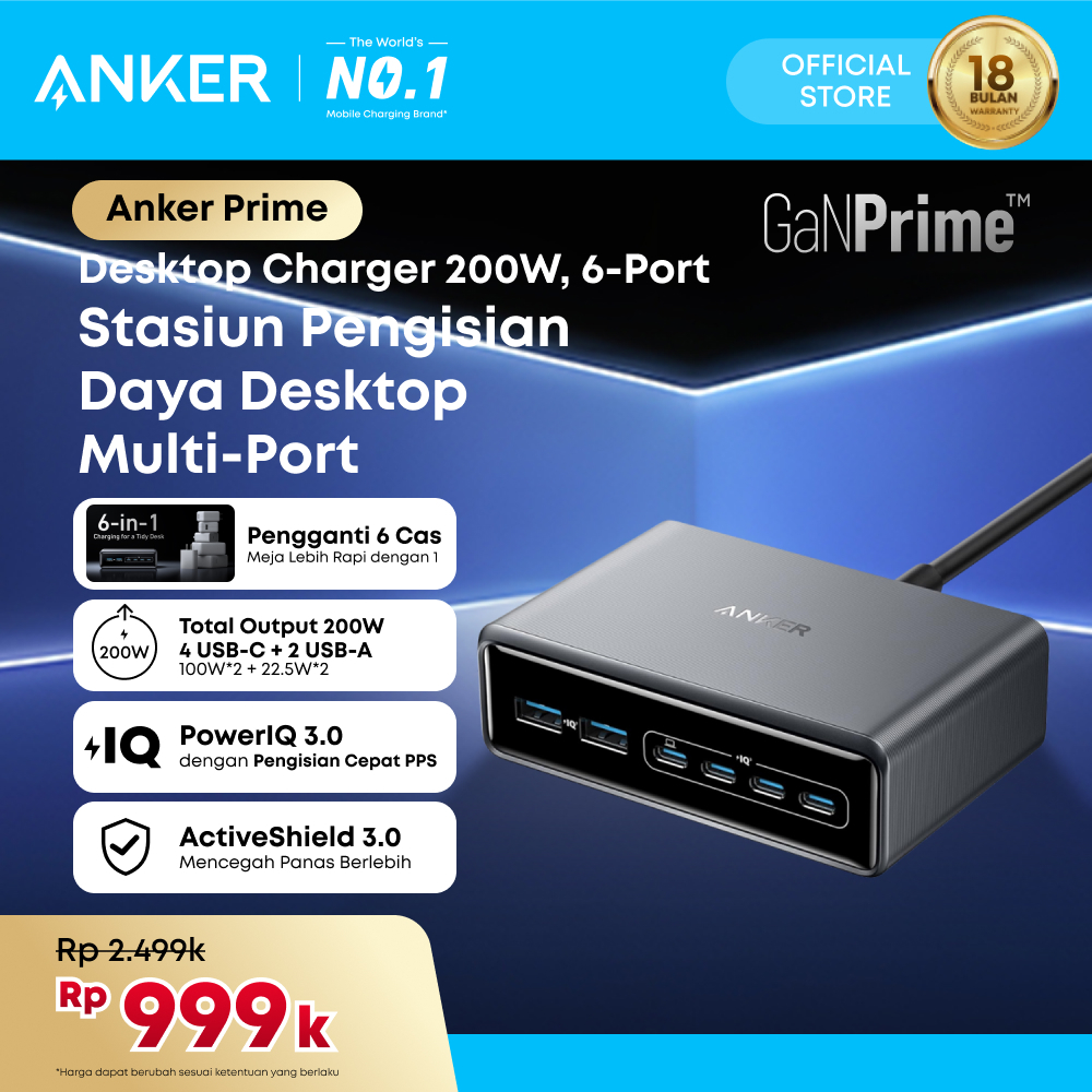 Anker Prime Charger 200W 6 Port GaN Charging Station USB C PD Fast Charging desktop Charger, Compati