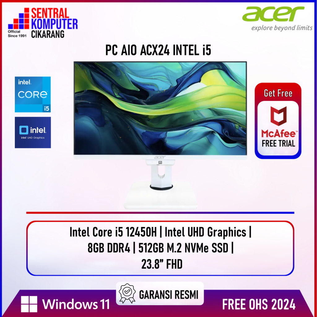 Acer All In One PC ACX24 Intel Core i5 12450H 8GB DDR4 512GB SSD 23.8" FHD Win11+OHS2024