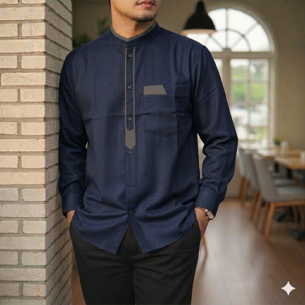 Atasan Baju Kemeja Koko Navy Lengan panjang katun Toyobo premium