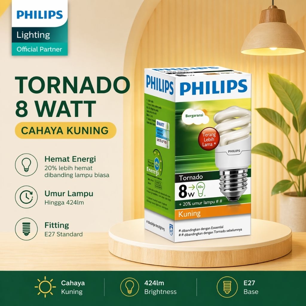 Lampu Philips Tornado | Lampu Philips Spiral | 8 Watt | Cahaya Kuning E27 [ 100% Original ]