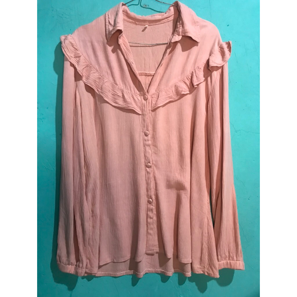 Kemeja Cringkle Wanita Lengan panjang Baby Pink