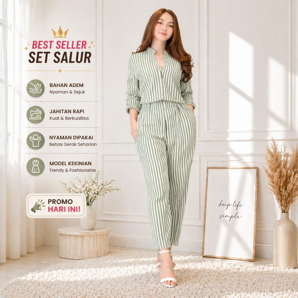 One Set Wanita Stripe Korean Style Garis Salur Casual Kekinian