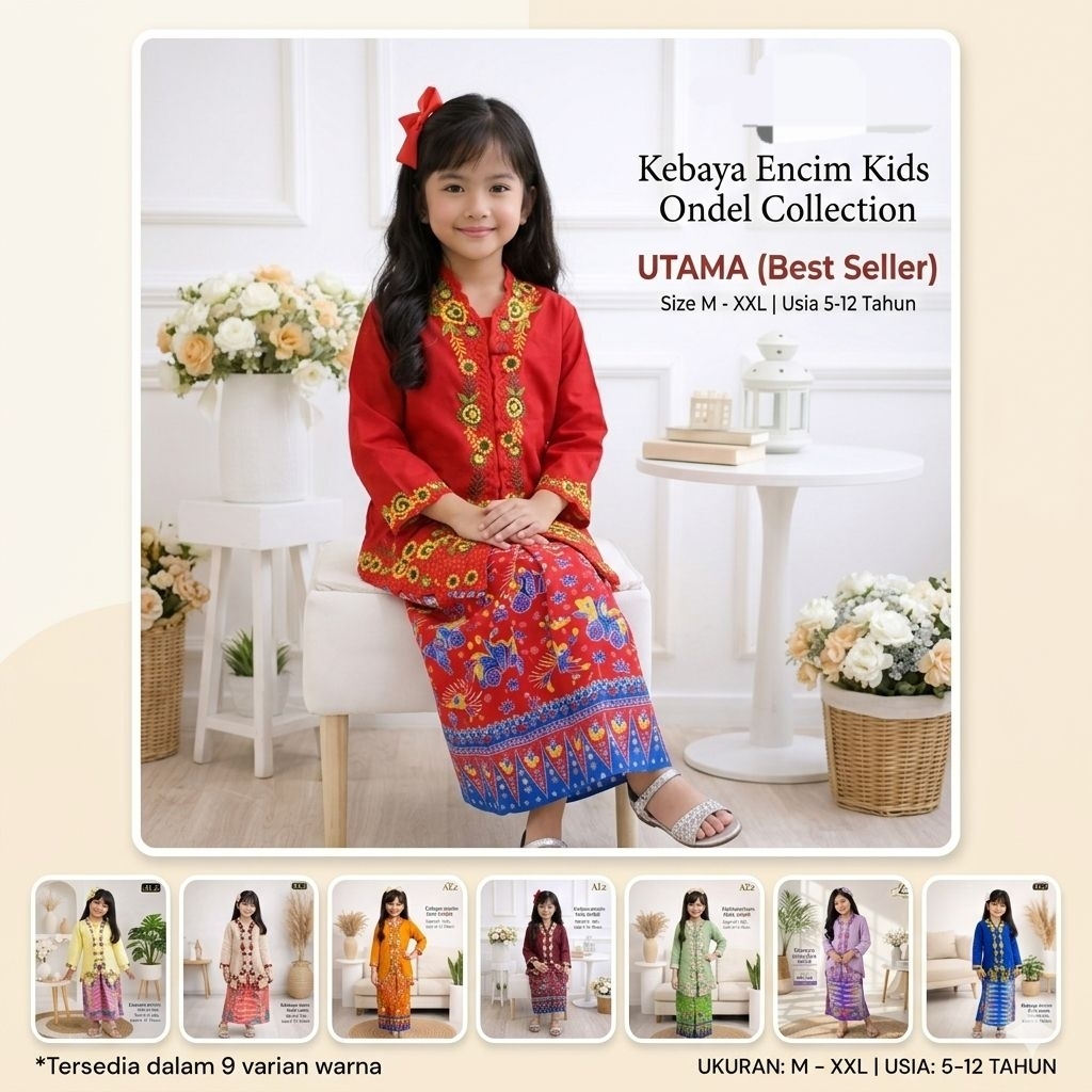 Set Kebaya Encim Anak Perempuan Modern Motif Ondel-ondel Betawi - Baju Adat Anak Cewek Kekinian - Se