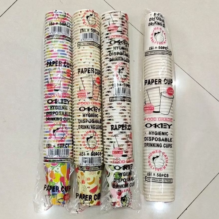 Cup Kopi Polos dan Motif 12oz OKEY [TANPA TUTUP] / Gelas kopi polos/Gelas Kopi Motif/ Gelas Kertas P
