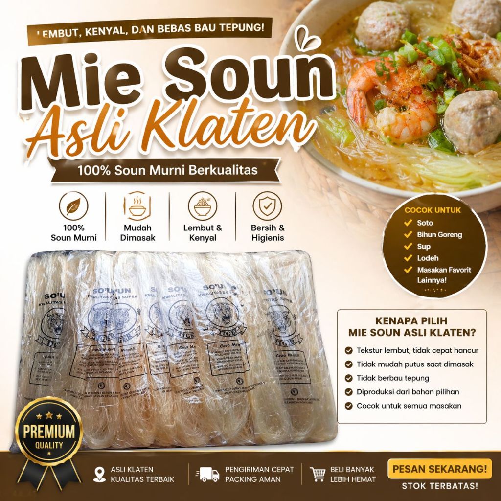 MIE SOUN ASLI KLATEN WARNA PUTIH PATI AREN COCOK UNTUK SOTO BAKSO OSENG OSENG ECER SATUAN