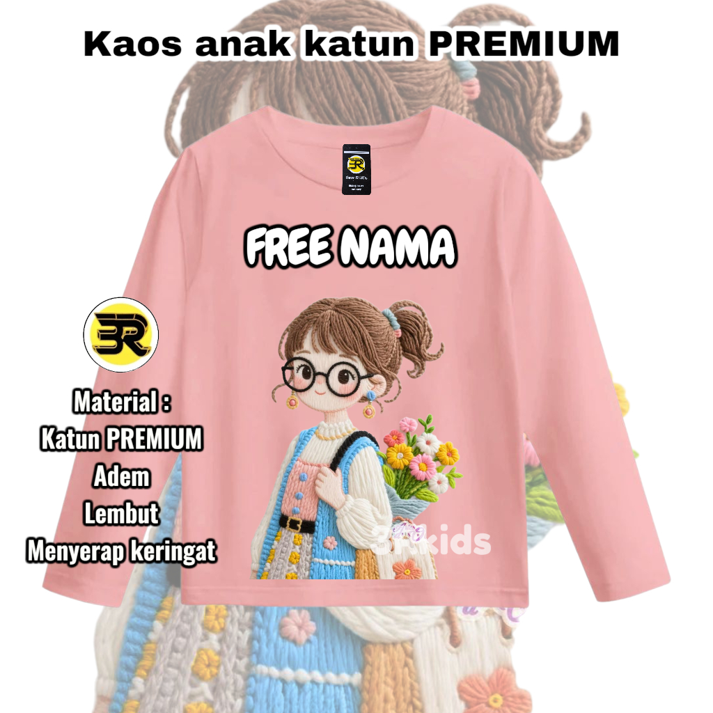 [GRATIS NAMA] Kaos Anak Lengan Panjang Bordir 3d Cewek Bunga
