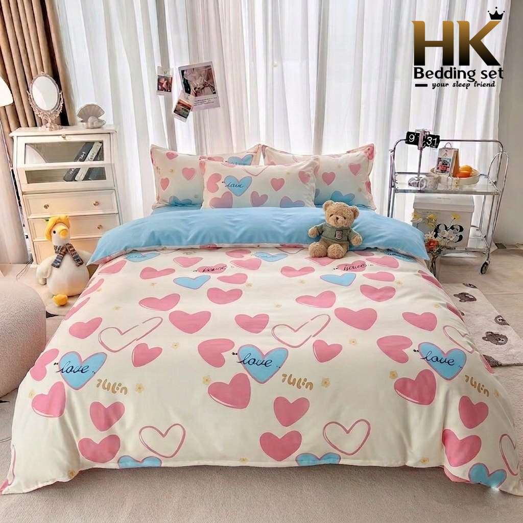 HK Bedding - Bedcover Sprei Set Valentine Blue Aesthetic T10-45 Uk 90-200 Bahan Microtex Anti Luntur