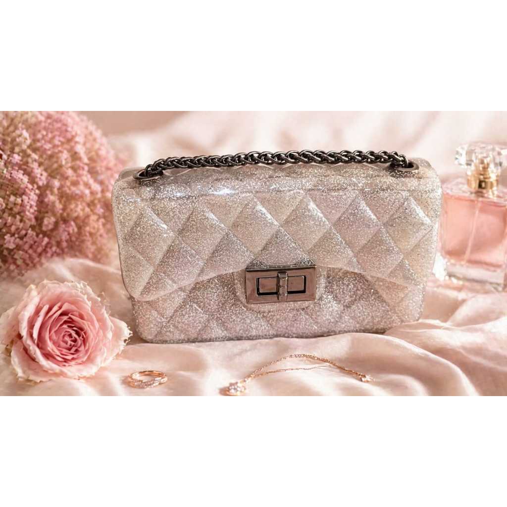 PPT001 Tas Slingbag Jelly Glossy Kecil Rantai Fashion GreyTransparan