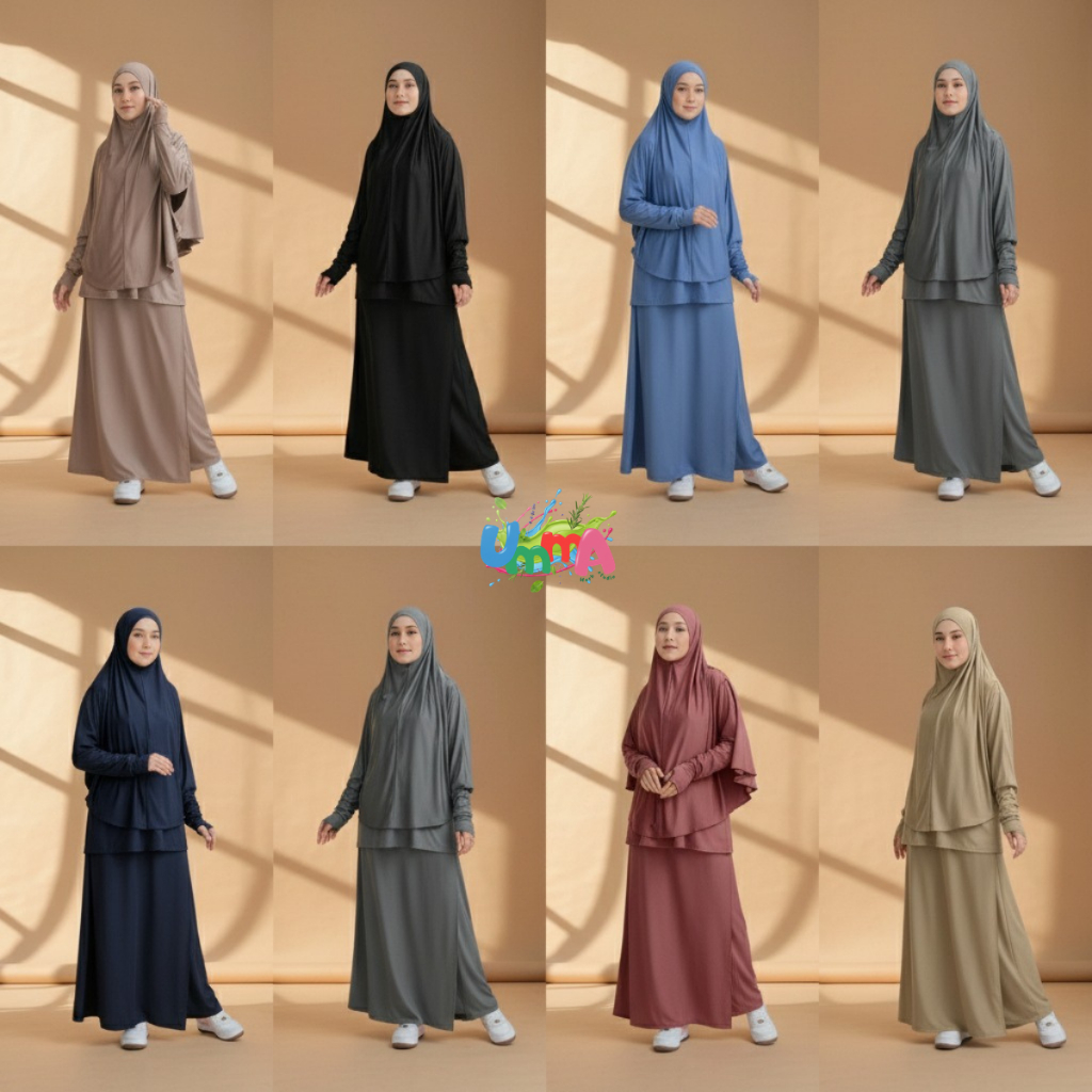 PRQUEEN Denay Sporty Muslimah Set 3in1 | Baju Olahraga Wanita Rok Celana Hijab
