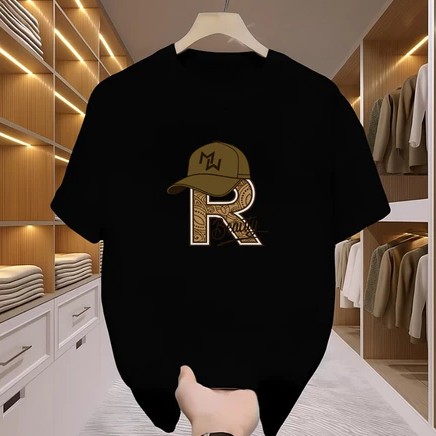 Kaos Pria 100% Katun Kaos Distro Cetakan Gaya Huruf R Dengan Topi Desain Outelts Kapas T-shirt Trend